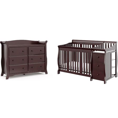 6-Drawer Double Dresser and Baby Crib with Changing Table Set in Espresso