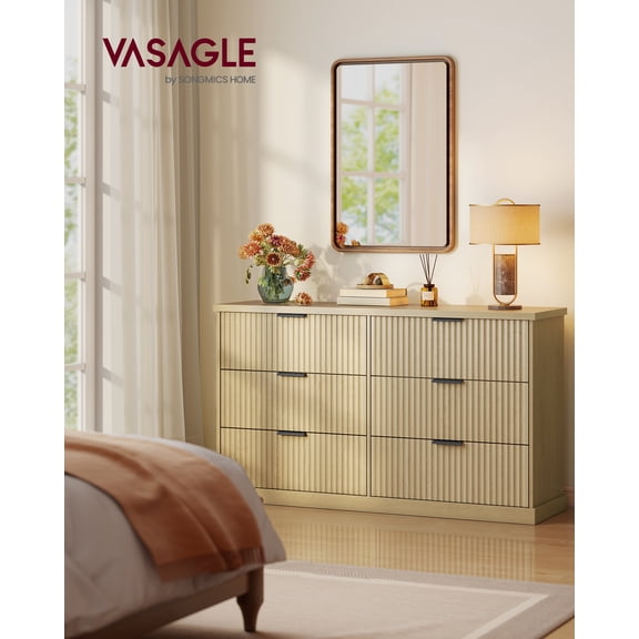 6-Drawer Double Dresser for Bedroom, 54.2" Wide Chest of Drawers with Fluted Panels, Transitional Storage Dresser, Beige