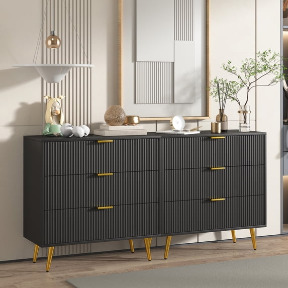 6 Drawer Double Dresser for Bedroom, Fluted Chest of Drawers, Wood Storage Cabinet for Bedroom, Living Room