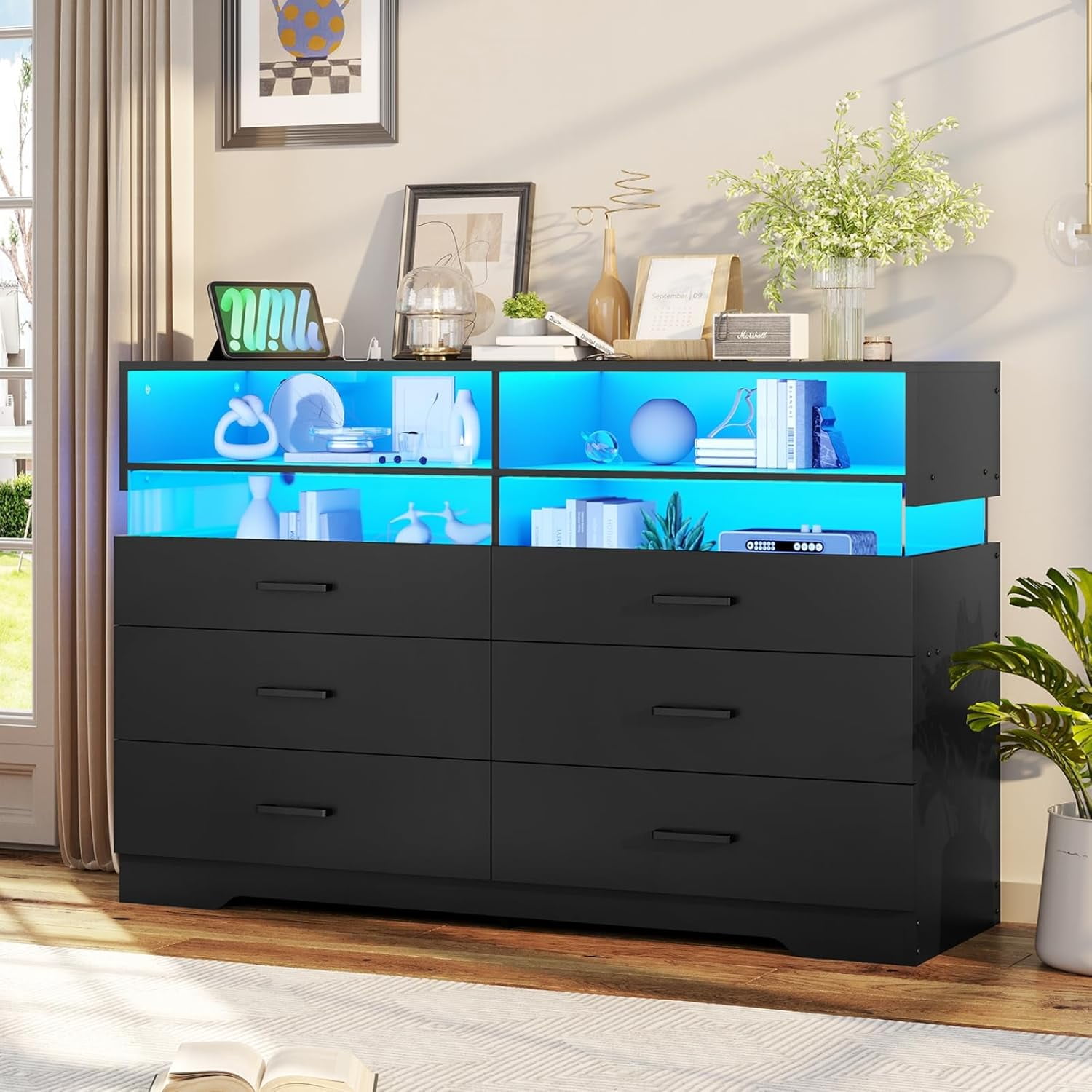 6 Drawer Double Dresser for Bedroom, Modern Black Chest of Drawers ...