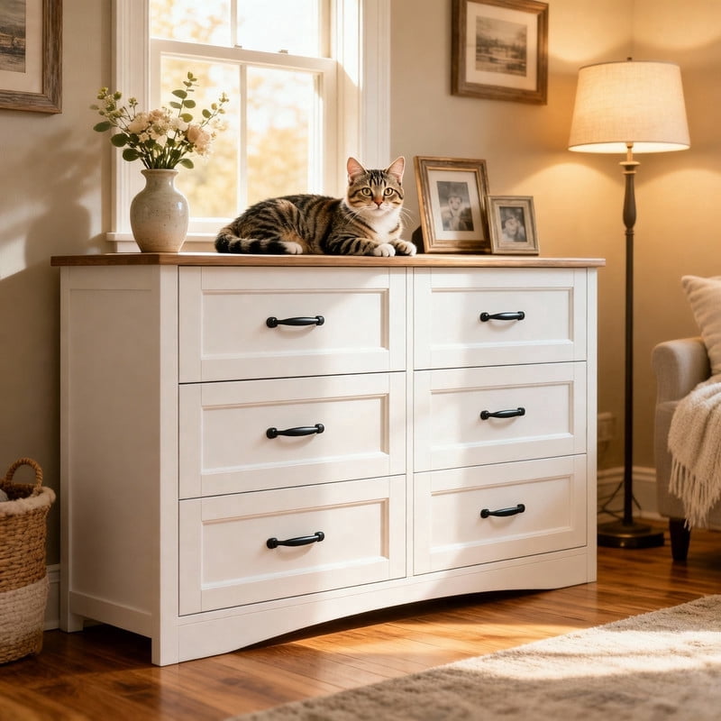 6 Drawer Dresser for Bedroom, Aiho Chest of Drawers with Metal Handle & Anti-Tip Storage Cabinet for Living Room, Nursery, Hallway, White&Vintage-coloured desktop