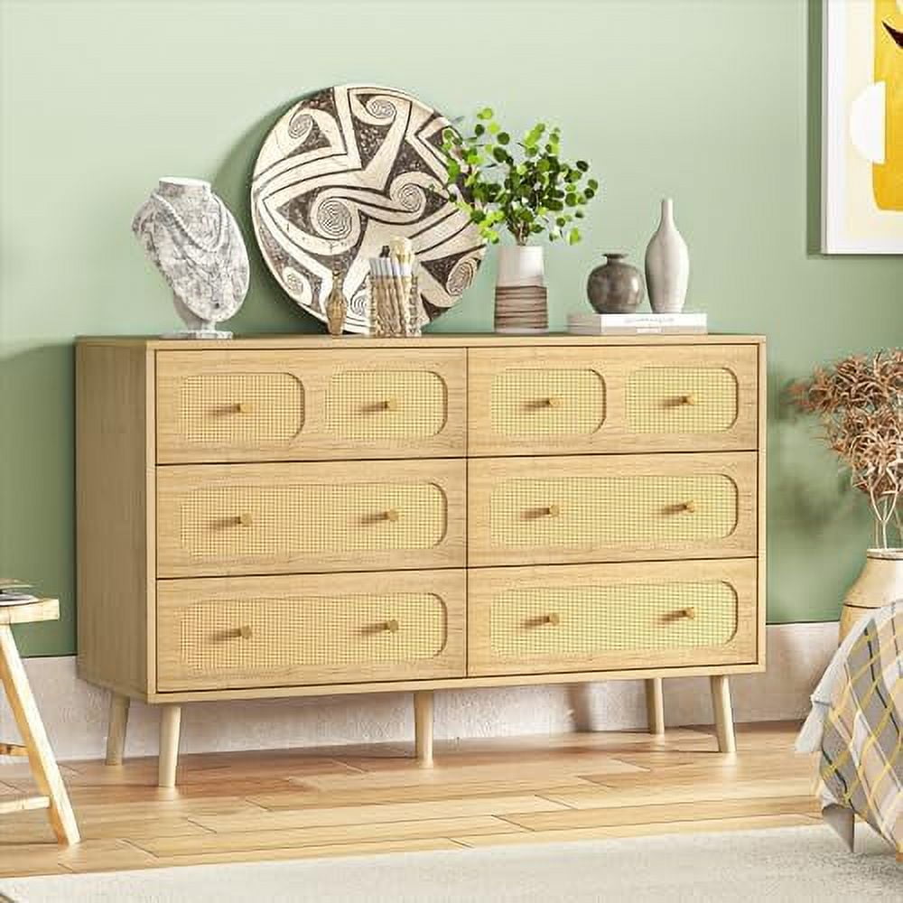6 Drawer Double Dresser for Bedroom Rattan Dresser with Gold Handles ...