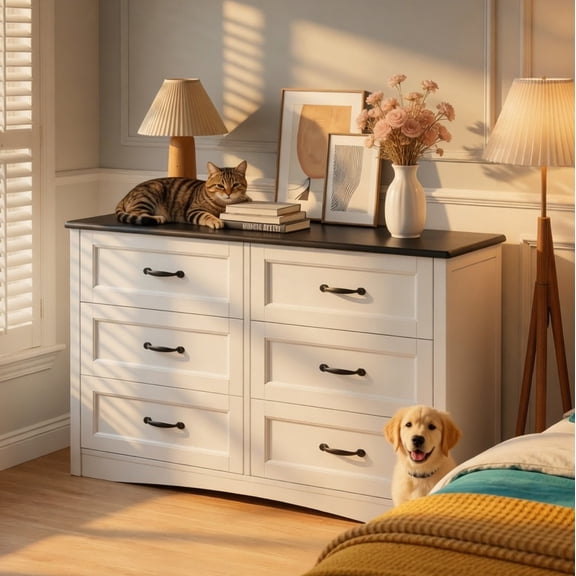 Dresser for Bedroom, 6 Drawer Dresser with Metal Handles, Modern Chest of Drawers for Living Room, Hallway, Bedroom Furniture, Black Tabletop