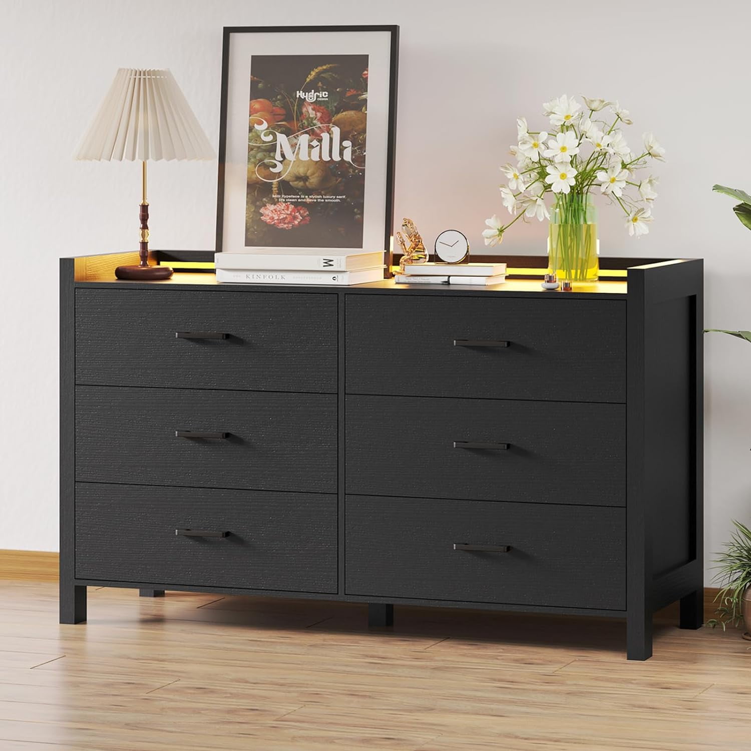 6 Drawer Double Dresser with LED Lights Black Storage Cabinet for Bedroom Hallway Entryway