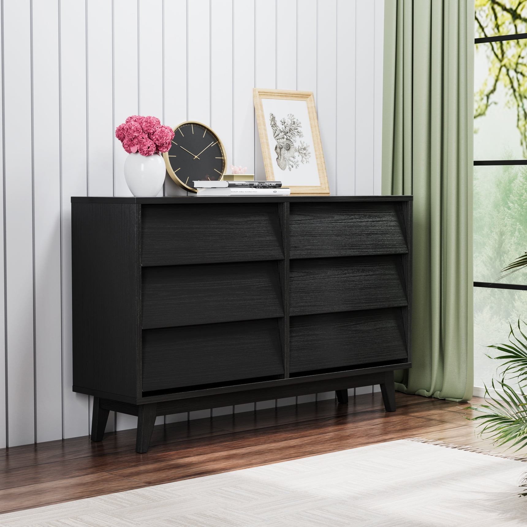 6 Drawer Double Dresser with Vintage-style and Bevel Design,  Multi-funtional Double Dresser, Can be as Chest of Drawers In The Hallway,  Black - Walmart.com