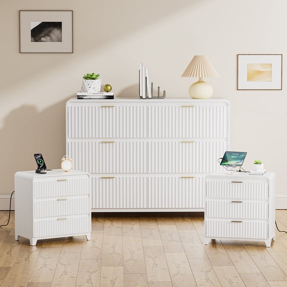 6-Drawer Dresser and 3-Drawer Nightstand Sets for Bedroom,3PCS Bedroom Set with Golden Handles,3 Drawer with Charging Station, Wood Chest of Drawers Mid Century Storage Cabinet Set,White