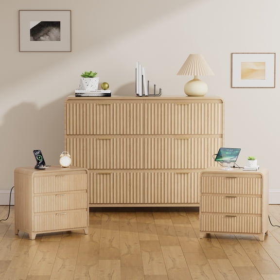 6-Drawer Dresser and 3-Drawer Nightstand Sets for Bedroom,Nightstand with Charging Station,3PCS Bedroom Set with Golden Handles,Wood Chest of Drawers Mid Century Storage Cabinet Set,Natural Oak+White