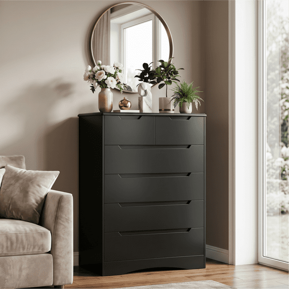 6-Drawer Dresser, 43" Black Wood Tall Chest of Drawers, Large Capacity Storage Cabinet with Anti-Tip Safety, Sturdy Organizer for Bedroom, Office, Living Room, Entryway, Clothes, Easy Assembly