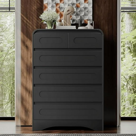 6 Drawer Dresser, 44" Tall Modern Chest of Drawers, Wood Drawer Organizer for Bedroom, Curved Edge Design, Farmhouse Style Dresser for Bedroom, Living Room, or Hallway (Black Finish)