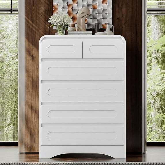 6 Drawer Dresser, 44" Tall Modern Chest of Drawers, Wood Drawer Organizer for Bedroom, Curved Edge Design, Farmhouse Style Dresser for Bedroom, Living Room, or Hallway (White Finish)