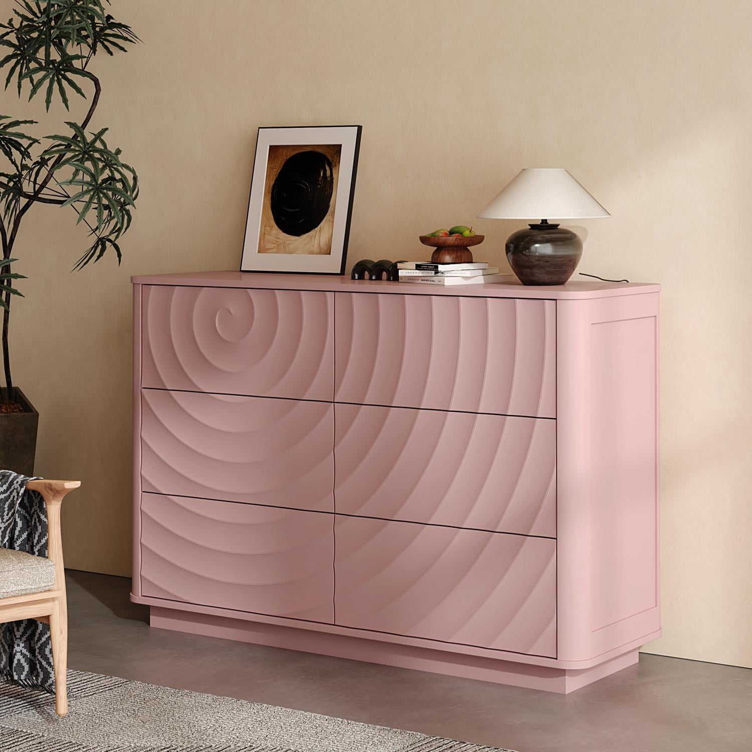 6-Drawer Dresser 46.5-Inch with Handle-Free Ripple Design, Modern Chest of Drawers and Clothes Storage Organizer for Bedroom Closet, Pink
