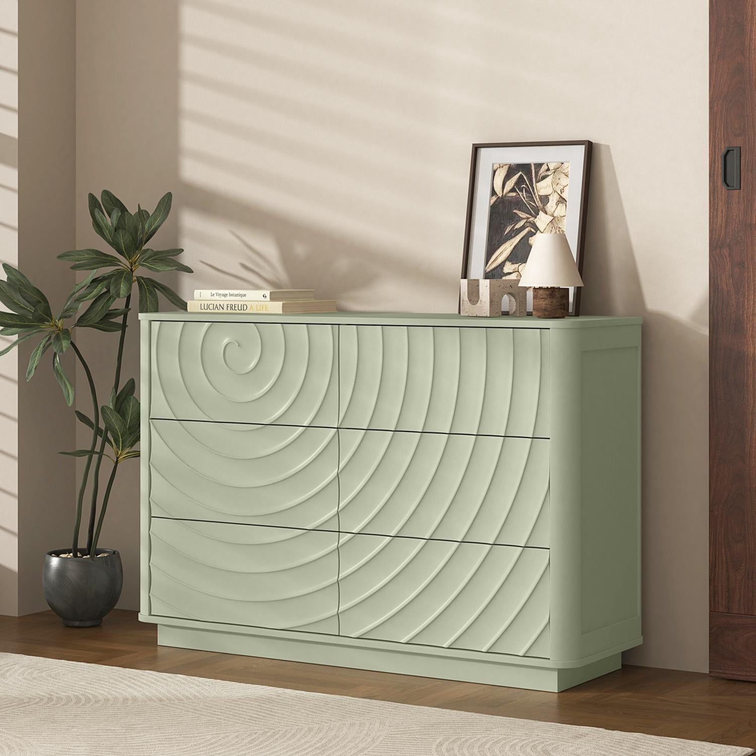 6-Drawer Dresser 46.5-Inch with Handle-Free Ripple Design, Modern Chest of Drawers and Clothes Storage Organizer for Bedroom Closet, Sage Green