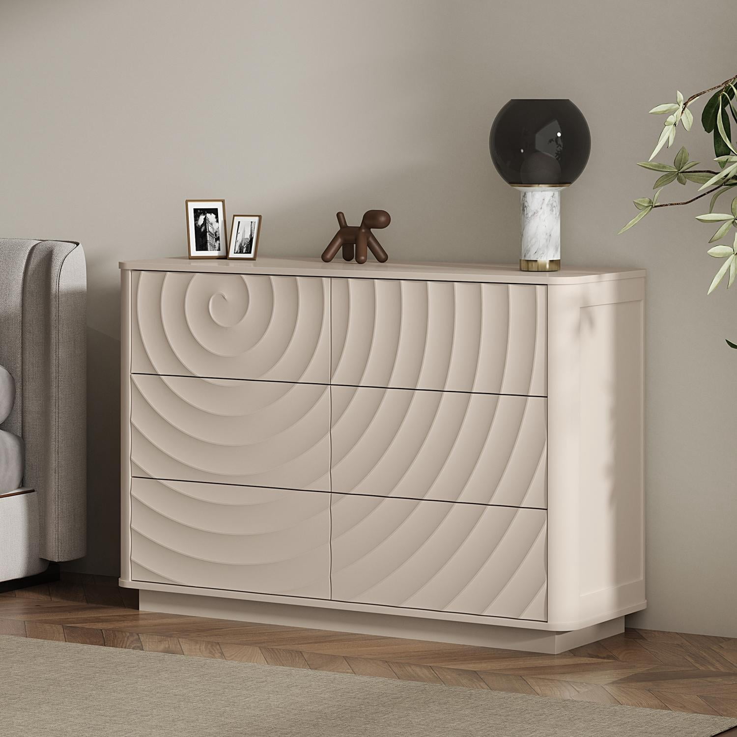6-Drawer Dresser 46.5-Inch with Handle-Free Ripple Design, Modern Chest of Drawers and Clothes Storage Organizer for Bedroom Closet, Warm Off-White