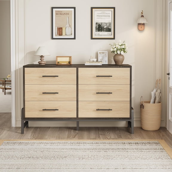 6-Drawer Dresser - 52" Wide MDF & PB Board Chest with R-Shaped Legs, Spacious Wood Grain Storage Cabinet for Bedroom, Living Room, Entryway, Freestanding Organizer