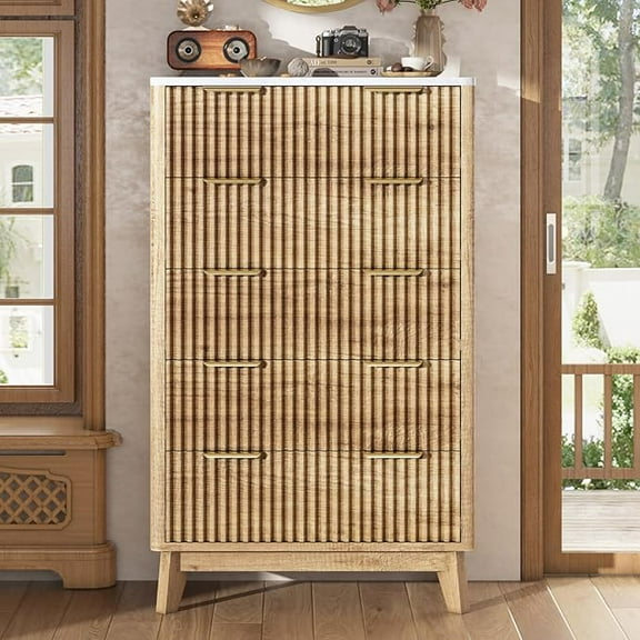 VANACC 6 Drawer Dresser, 54" Wide Chest of Drawers, Fluted Drawer Design, Wooden Storage Chest, Suitable for Bedroom, Hallway, Natural Oak
