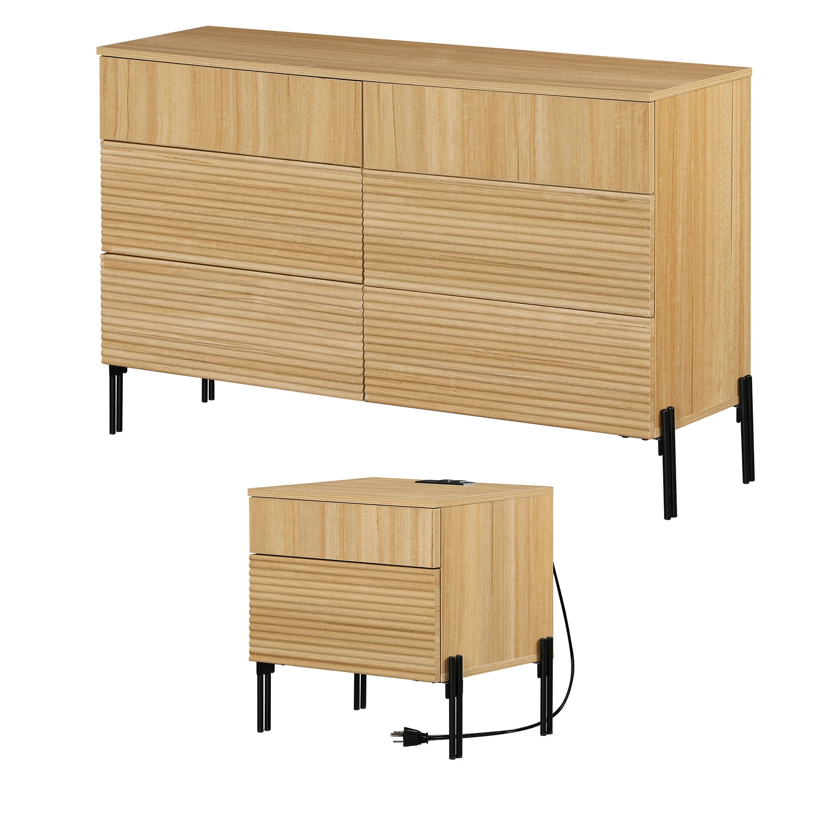 6 Drawer Dresser And Nightstand Set For Bedroom, 2 Pcs Bedroom Set With Minimalist Reeded Design, Oak Double Dresser With Hidden Handles