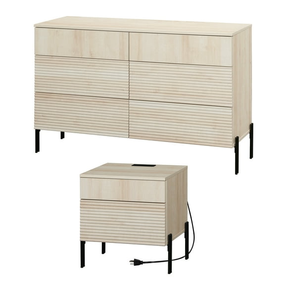 6 Drawer Dresser And Nightstand Set For Bedroom, 2 Pcs Bedroom Set With Minimalist Reeded Design, Oak Double Dresser With Hidden Handles