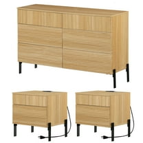 6 Drawer Dresser And Nightstand Set For Bedroom, 3 Pcs Bedroom Set With Minimalist Reeded Design, Oak Double Dresser With Hidden Handles
