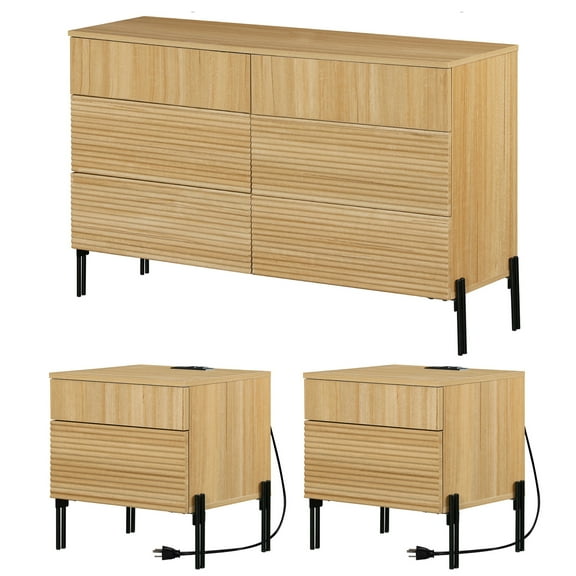 6 Drawer Dresser And Nightstand Set For Bedroom, 3 Pcs Bedroom Set With Minimalist Reeded Design, Oak Double Dresser With Hidden Handles