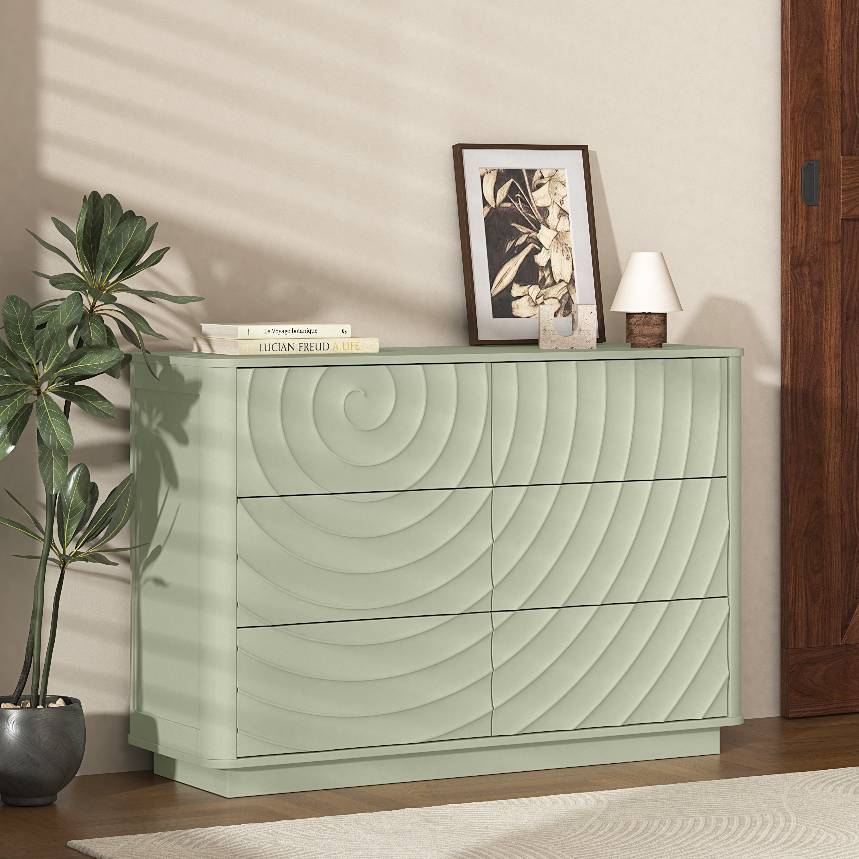 6 Drawer Dresser for Bedroom, 46.5" Wide Modern Large Chest of Drawers with Handle Free & Ripple Design,Wooden Clothes Storage Organizer for Closet, Nursery, Living Room, Apartment, Sage Green