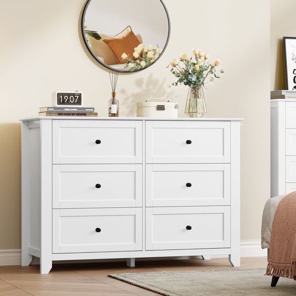 6 Drawer Dresser for Bedroom, 47.2" Wide Modern Large Chest of Drawers with Metal Knobs, Wooden Clothes Storage Organizer for Closet, Nursery, Living Room, Apartment, White