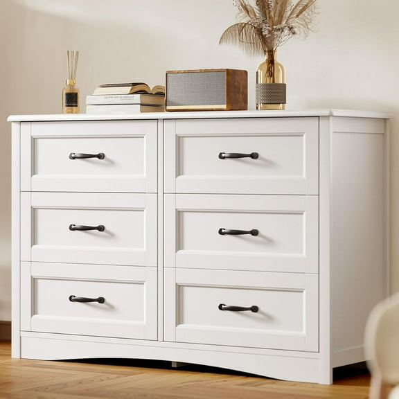 6 Drawer Dresser for Bedroom, 47'' Larger Chest of Drawers with Mental Handle for Kids Room, White Dresser with 6 Storage Drawers for Living Room, Entryway and Hallway