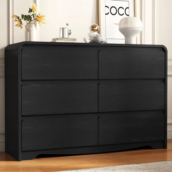 6-Drawer Dresser for Bedroom, 47-inch Wide Modern Minimalist Storage Chest with Safe Rounded Corners & Handle-Free Groove Design, Anti-Tip Anchor Included (Black)