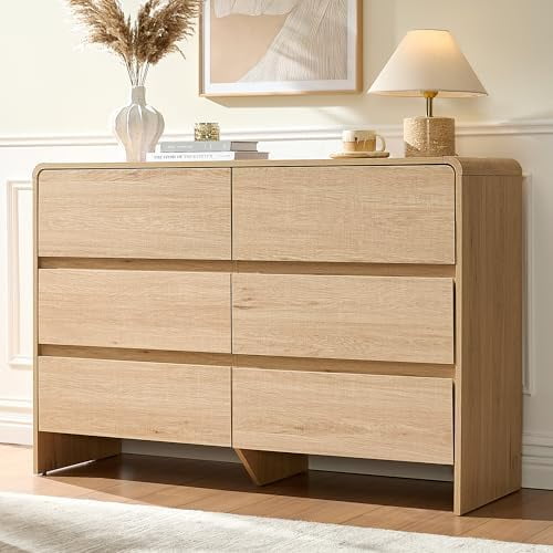 6 Drawer Dresser for Bedroom, 49" Wide Modern Storage Cabinet with Rounded Edges & Anti-Tip Kit, Wood Chest of Drawers for Closet, Hallway or Nursery, Easy Assembly, Light Oak Finish