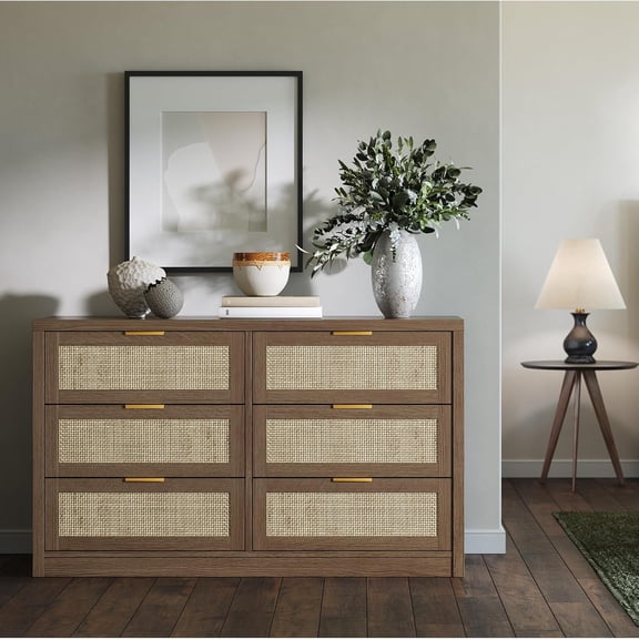6 Drawer Dresser for Bedroom,52.7" Wide Wooden Chest of Drawers,Boho Rattan Dresser with Ample Storage, Storage Organizer for Closet, Bedroom,Living Room, Hallway,Entryway,Dark Wood