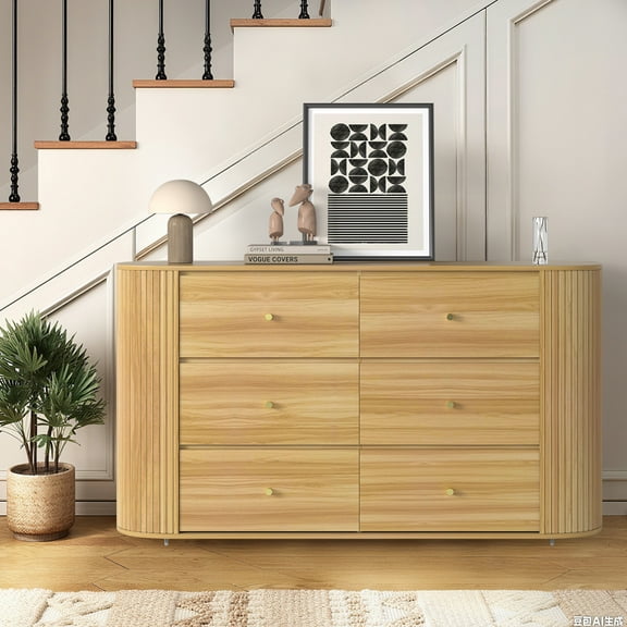 6 Drawer Dresser for Bedroom, 60" Fluted Dresser Wooden Dresser- with 2 Curved Profile Fluted Sliding Doors, Bedroom Dressers with Drawers for Living Room Hallway, Oak