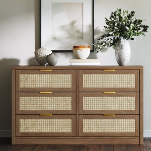 6 Drawer Dresser for Bedroom, Fluted Dresser 52.7" Wide Rattan Dresser,Wooden Storage Chest Wooden with Gold Handles, Dresser TV Stand Entryway Table, Modern Chest of Drawers for Living Room, Entryway