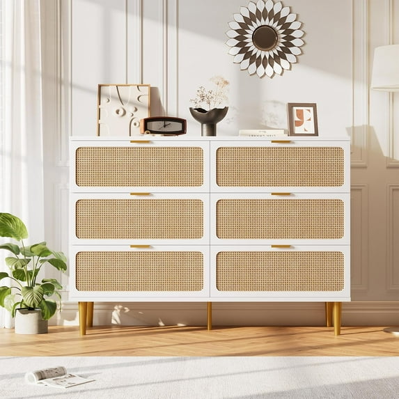 6 Drawer Dresser for Bedroom, Large Double Dresser with Deep Drawers, Rattan Chest of Drawers with Deep Drawers, Large Modern Double Dresser for Closet with Wide Top, Horizontal Wooden Dresser