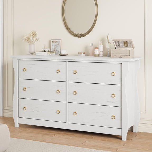 6 Drawer Dresser for Bedroom, Modern Wood Dresser with Ring Pull Handles, Wide Wooden Chest of Drawers with Large Storage for Living Room, Entryway, White