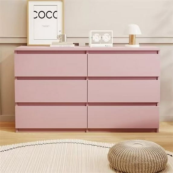 6 Drawer Dresser for Bedroom, Modern Wood Storage Closet Chest of Drawers, Large Wooden Dresser Accent Storage Cabinet for Bedroom Living Room Hallway, Pink