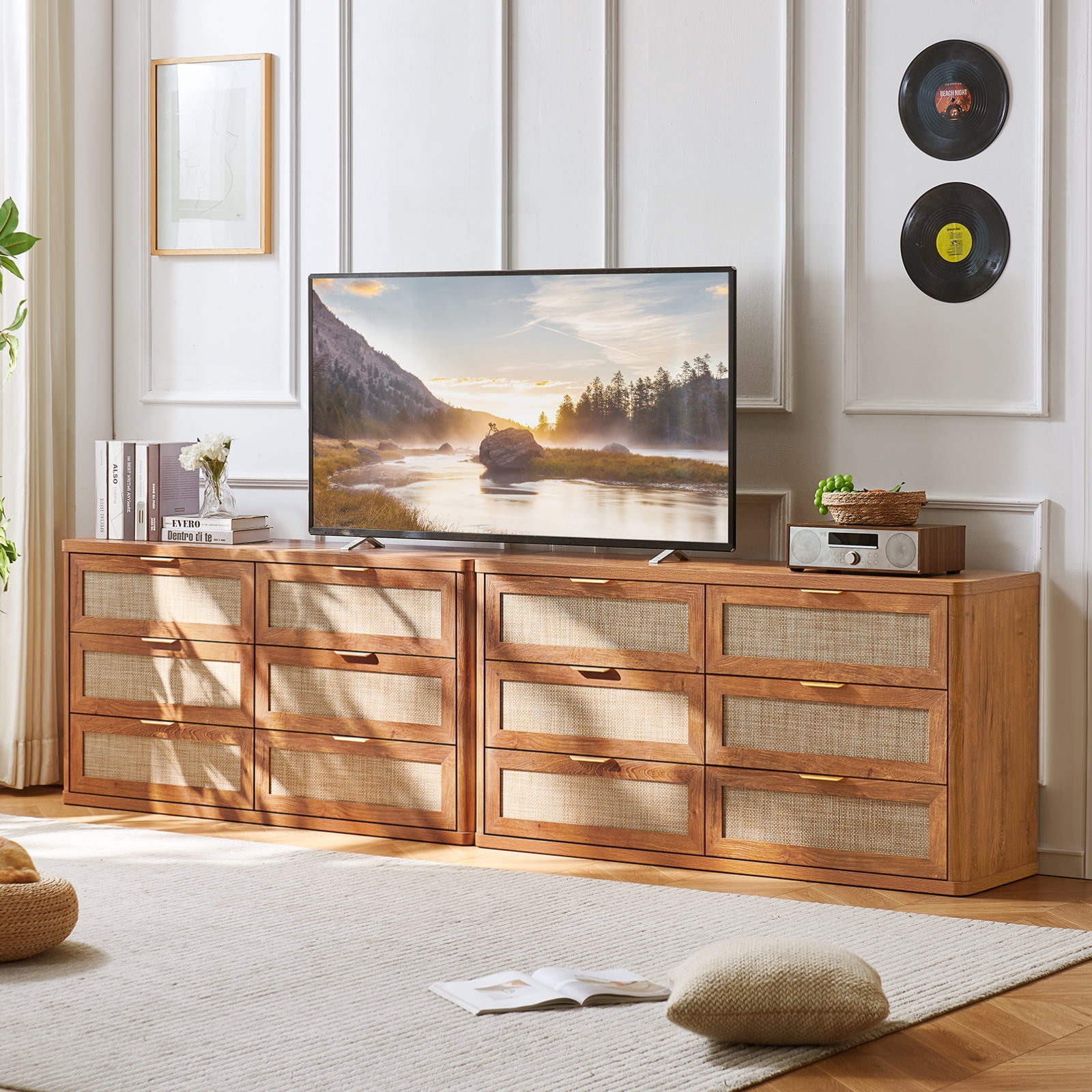6 Drawer Dresser for Bedroom Set of 2, Boho 54" Wide Brown Dresser Chest of Drawers, Dressers TV Stand with Metal Handle, Storage Dressers Closet for Living Room
