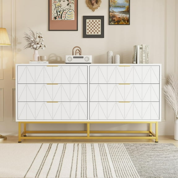 6 Drawer Dresser for Bedroom White Dresser with Metal Legs Large Dresser Storage Chest Cabinet Organizer Wood Chest of Drawers for Living Room,Hallway,Entryway
