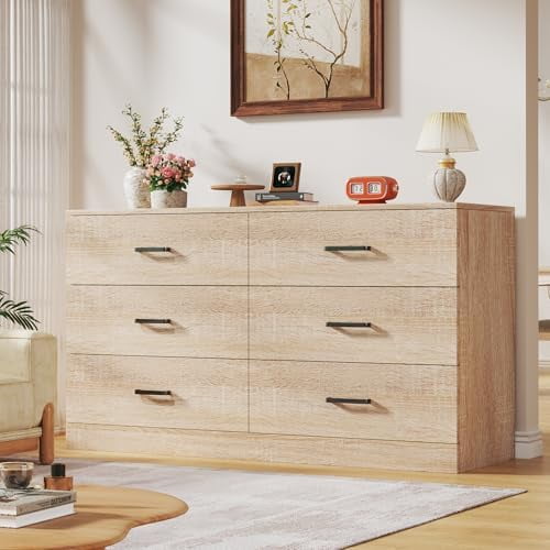 6 Drawer Dresser for Bedroom, Wooden Chest of Drawers with Metal Handles, Mid Century Modern Bedroom Dressers, TV Stand Large Storage Organizer for Living Room, Entryway, Light Oak