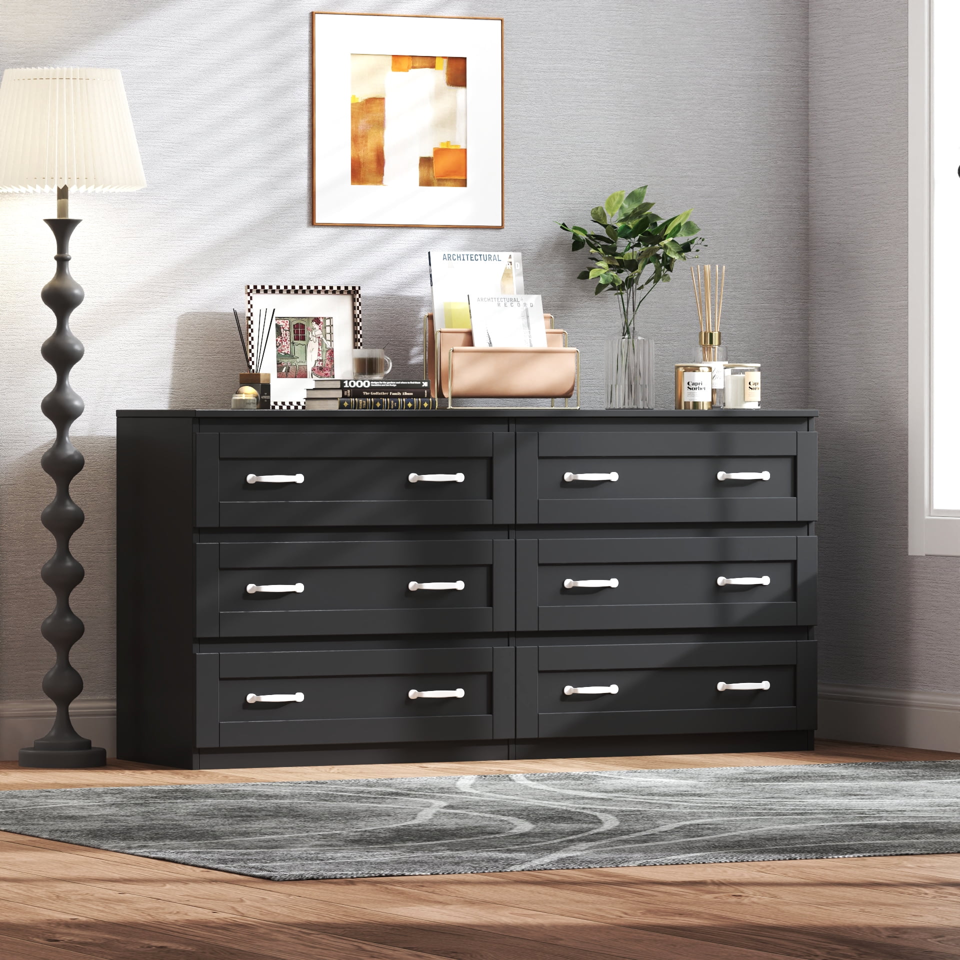 6 Drawer Dresser Cabinet with Metal Handle, Modern Wood Double Chest ...
