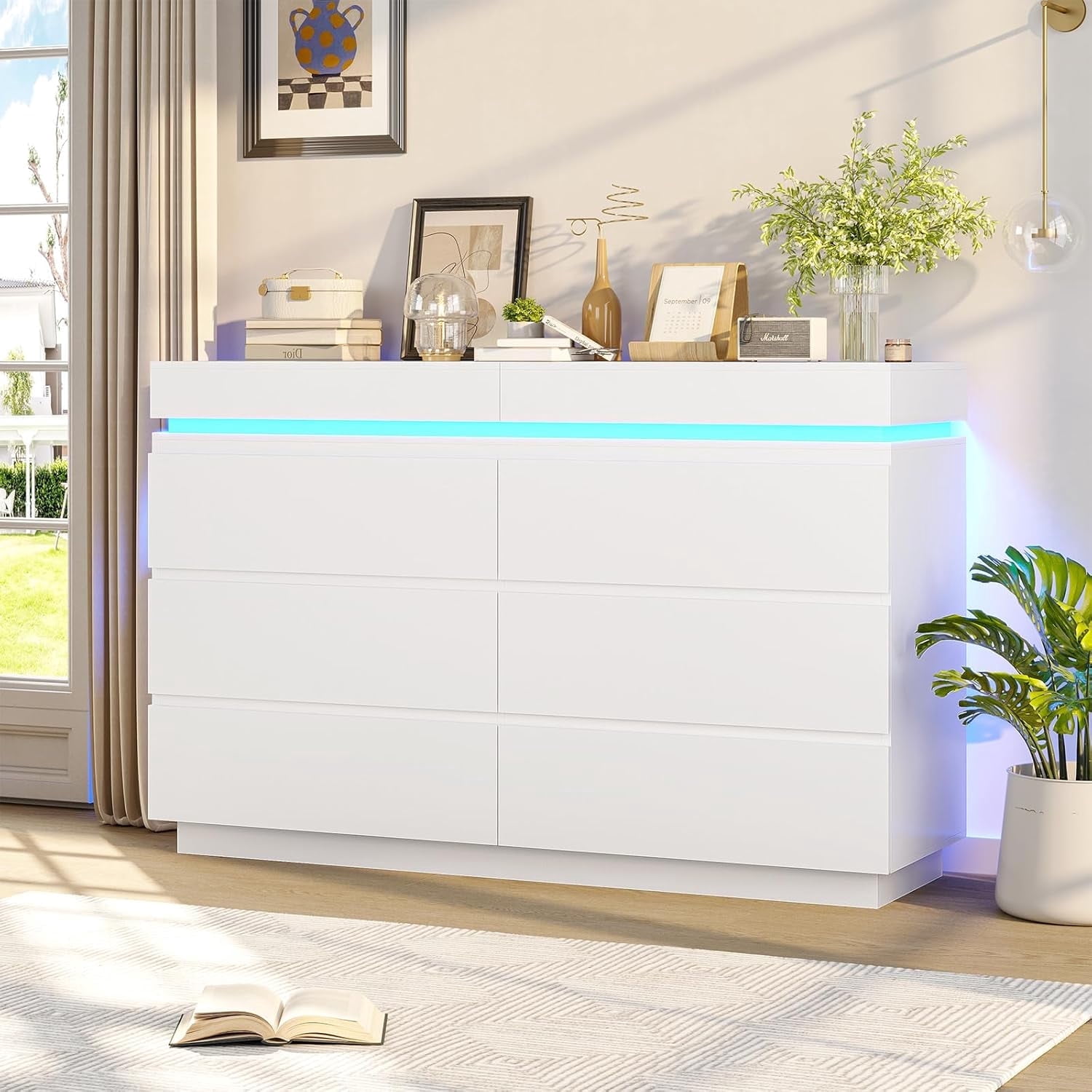 6 Drawer Dresser with Charging Station&LED Lights for Bedroom, Large Chest of Drawers Storage Cabinets with 6 Drawers, Clothes Closet Bedroom Funiture for Living Room, White