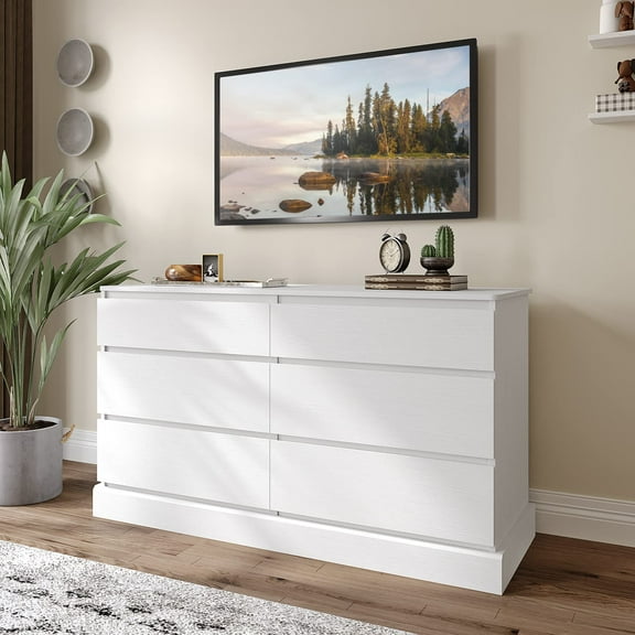 6 Drawer Dresser Double Dresser Storage Cabinet for Living Room Bedroom,White Chest of Drawers for Hallway Entryway