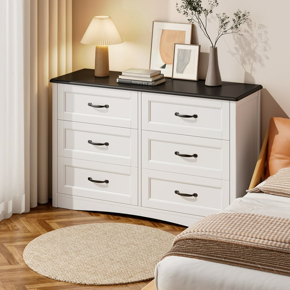 6 Drawer Dresser ,Drawer Dressers with Metal Handle for Living Room&Bedroom,Black and White