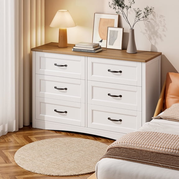 6 Drawer Dresser ,Drawer Dressers with Metal Handle for Living Room&Bedroom,Brown and White