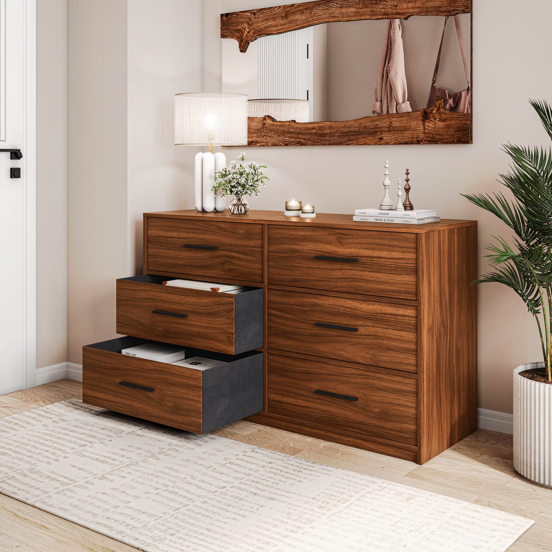 Walnut Brown 6-Drawer Double Dresser with Fabric Bins