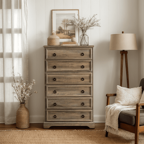 6 Drawer Dresser, Farmhouse Dresser, Nightstand Chest of Drawer for Bedroom, Wood Storage Chest of Drawers Storage Cabinet for Living Room, Hallway,Entryway