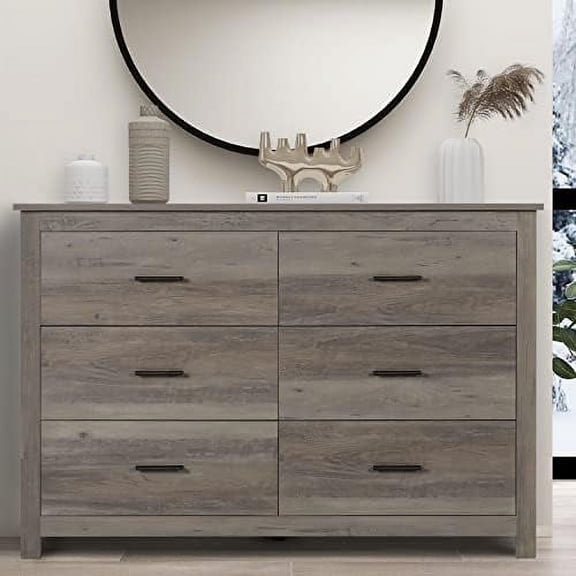 6 Drawer Dresser - Farmhouse Dressers for Bedroom, Wooden Double Chest of Drawers, Rust Storage Organizer Cabinet for Bedroom, Living Room, Hallway, Entryway, Grey$$Home Decor, Kitchen, & Other