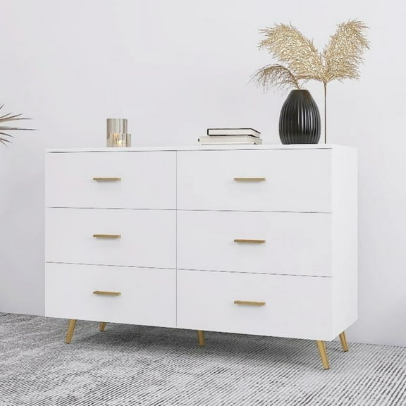 6-Drawer Dresser,High Glossy Surfac Double Dresser Vanity with Golden Handle and Golden Steel Legs,for Living Room Bedroom,White