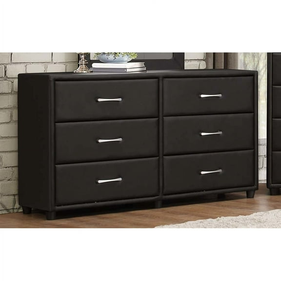 6 Drawer Dresser In Wood And PVC, Black- Saltoro Sherpi