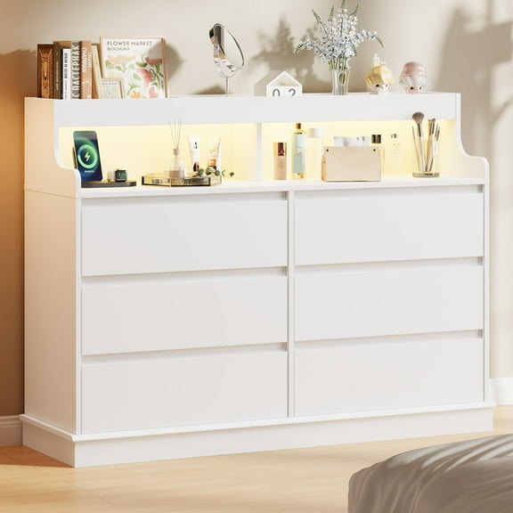 6-Drawer Dresser with LED Lights & Charging Station, Wide Chest of Drawers with Open Storage Space, Modern Large Capacity Storage Cabinet for Bedroom, Living Room, Hallway, White
