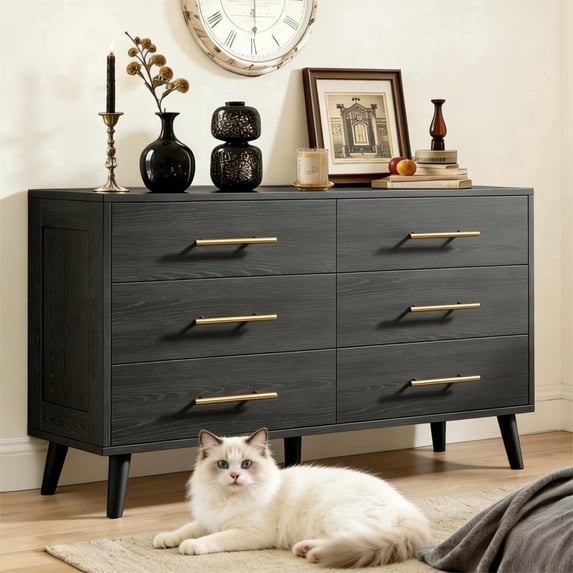 6 Drawer Dresser, Lofka Black Dresser for Bedroom, Chests of Drawers for Living Room
