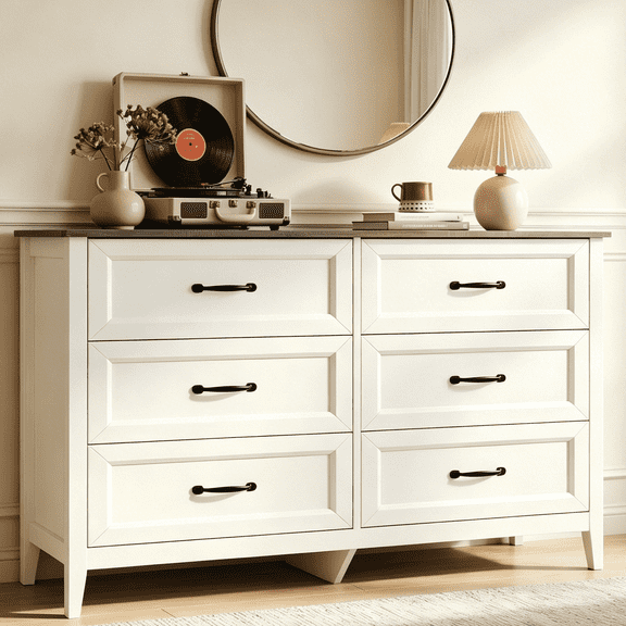 Lofka White Wooden 6 Drawer Dresser for Bedroom, Wide Storage Organizer Cabinet for Closet Living Room